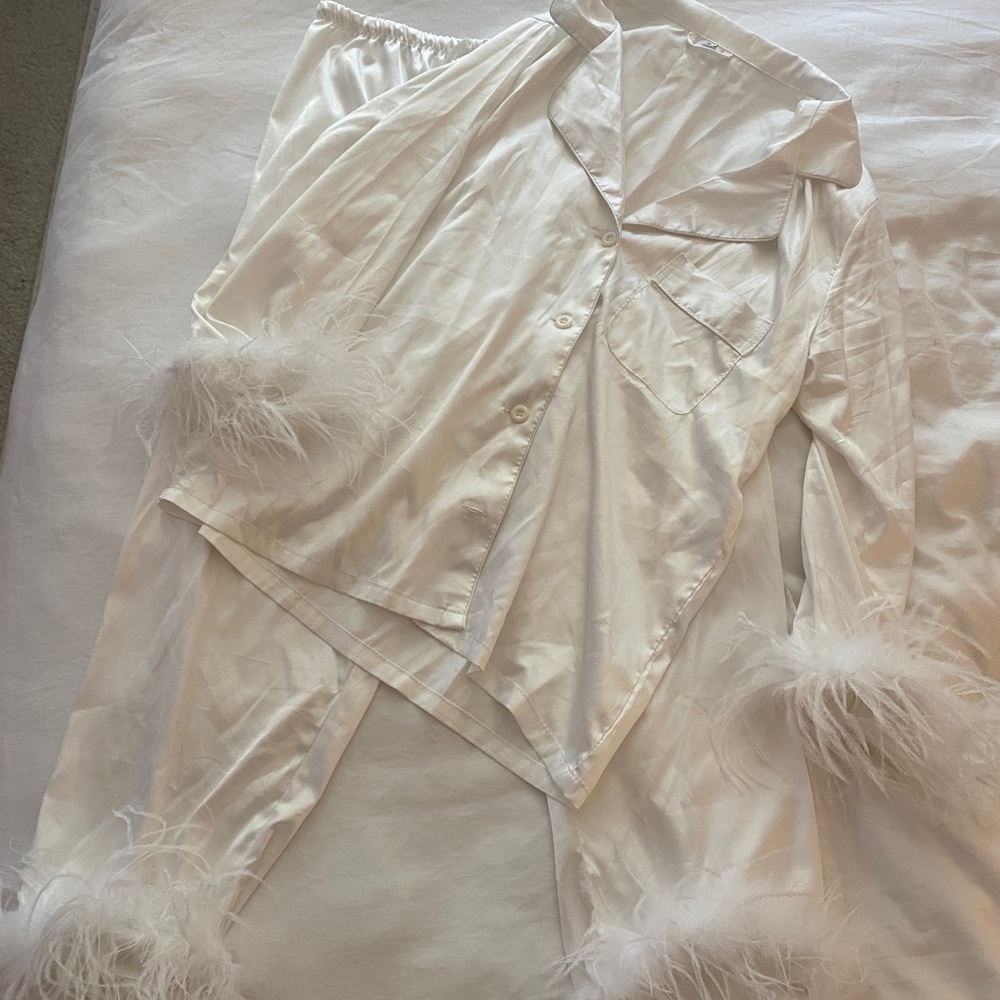 Feather Pajama Set White Satin